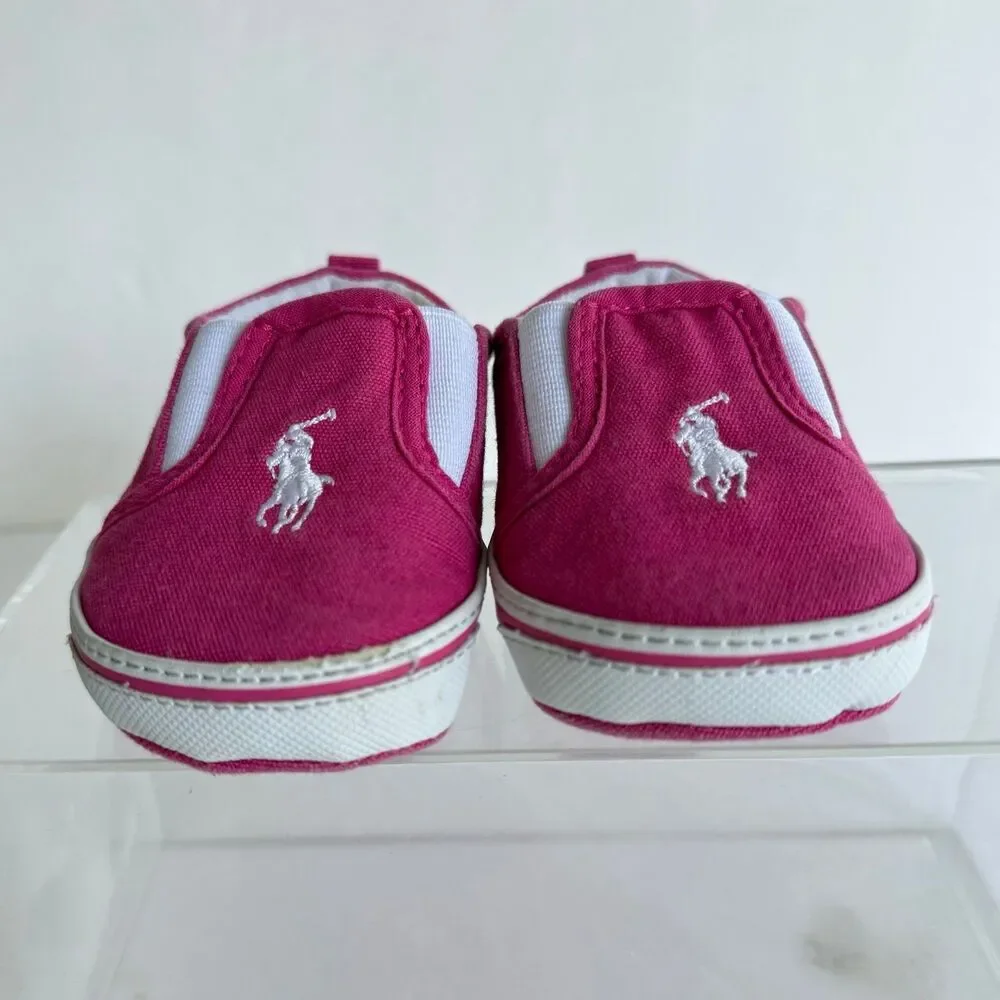 Polo Ralph Lauren Baby Girl Shoes Sz 3 Fuchsia Pink Crib Slip On Fabric Pony